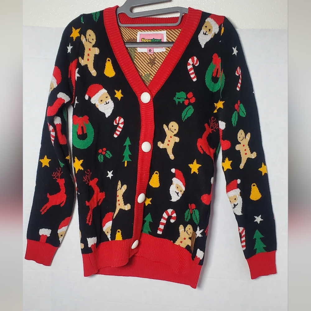 Tipsy Elves XS YOUTHChristmas Cardigan Sweater SantaReindeer Gingerbread Holiday
